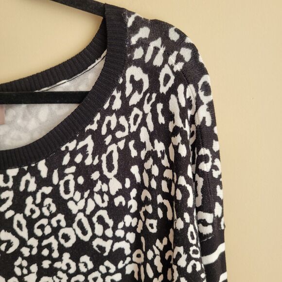 Chicos Womens Lightweight Sweater Size XL Graphic Black White Leopard Boat Neck - Picture 3 of 9